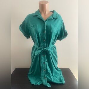 Wrap London Hemp Blend Green Shirt Dress with Tie Waist